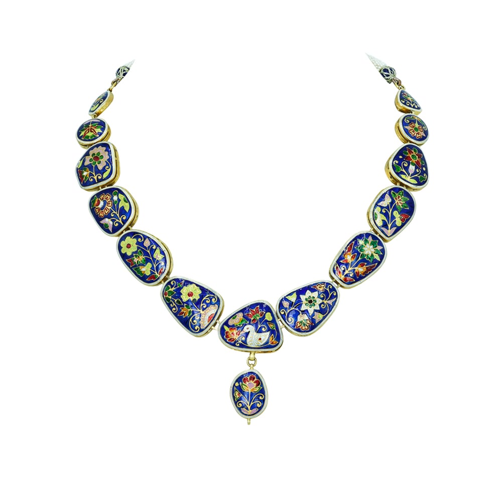 Polki Necklace Set with Blue Enamel and Matching Drop Earrings